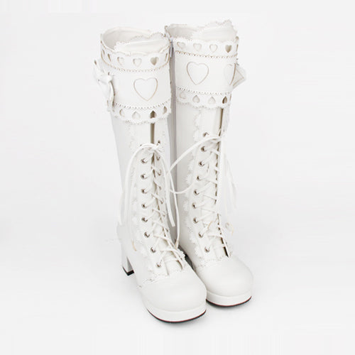 Lace Bowknot Heart Shaped Round Toe Sweet Lolita High Boots