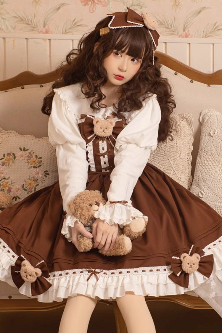 Brown Mousse Bear Sleeveless Ruffle Bowknot Sweet Vintage Princess Lolita Jsk Dress