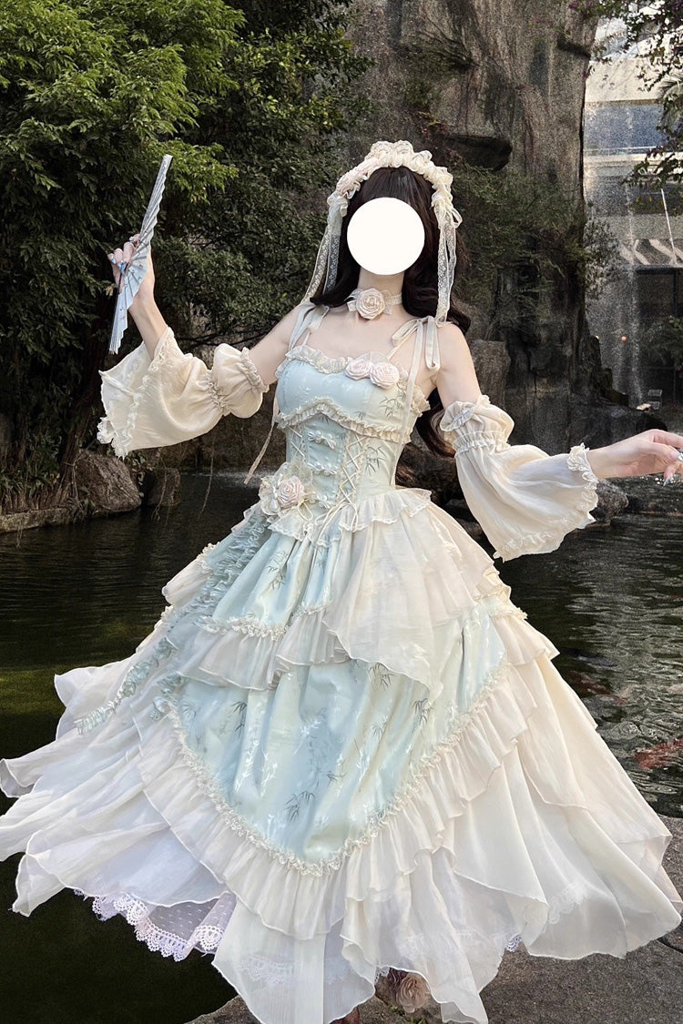 Green Tea Bamboo Song Sleeveless Print Ruffle Bowknot Sweet Chinese Style Elegant Ballet Lolita Jsk Long Dress