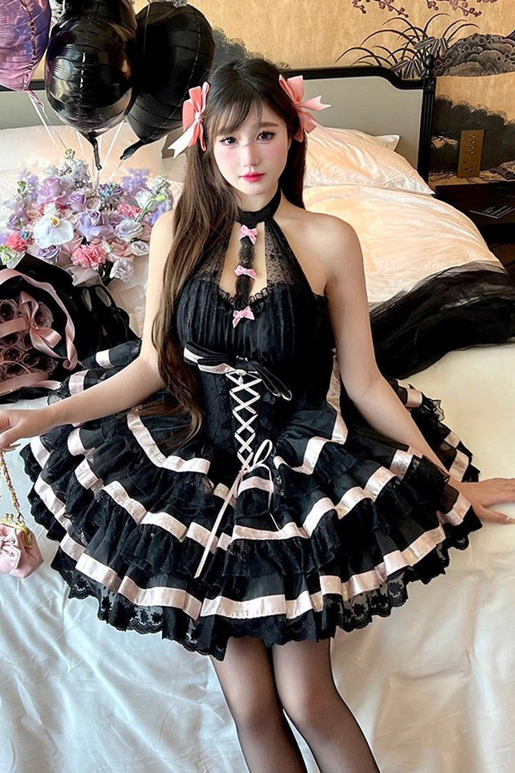 Black Ballet Dream Halterneck Triple-Layered Ruffle Bowknot Lace-Up Sweet Princess Lolita Dress