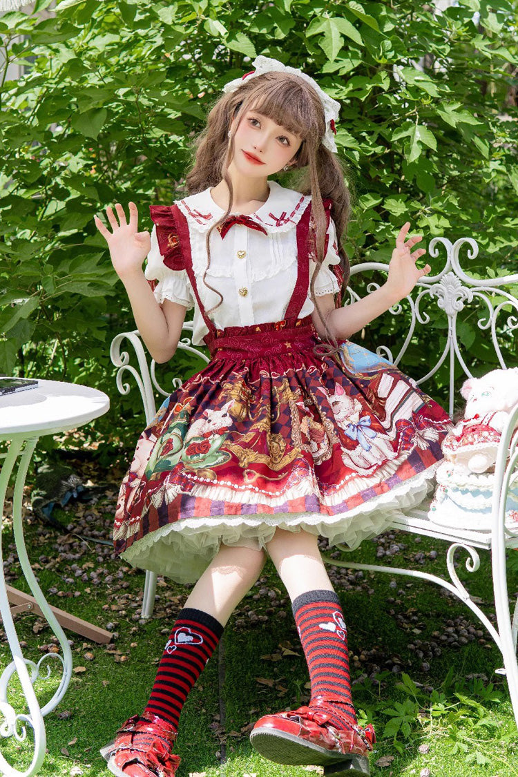 Red Rabbit and Bear Feast Print Ruffle Bowknot Sweet Lolita Skirt