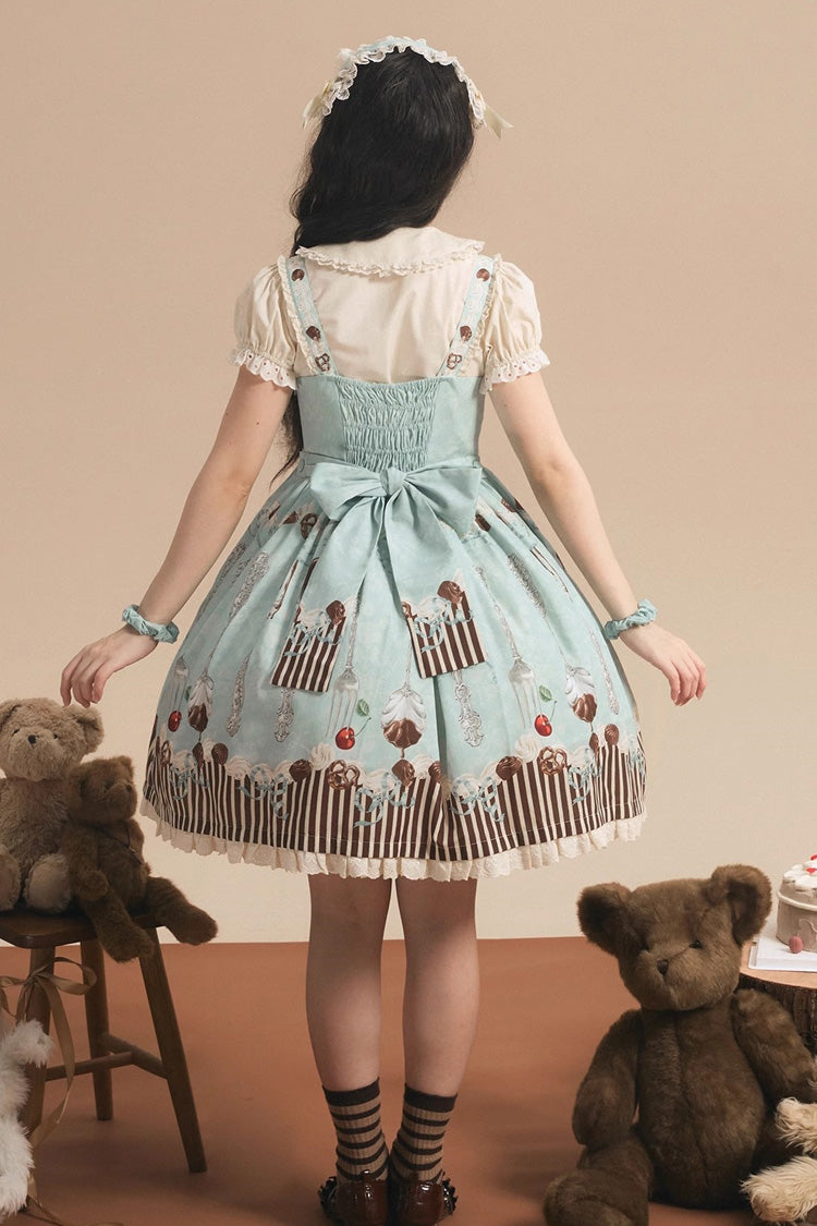 Green Chocolate Cherry Print Bowknot Sweet Lolita Jsk Dress