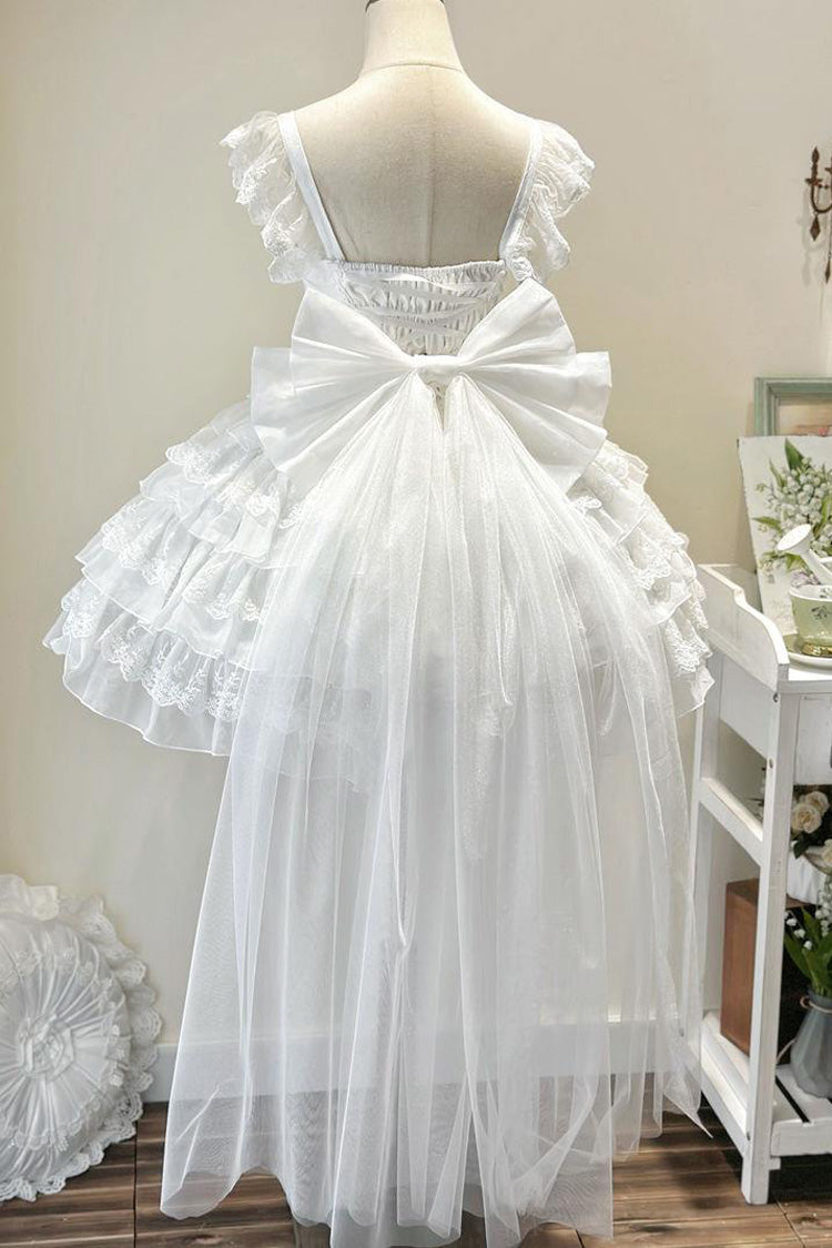 White From Broken Wings to Rebirth Sleeveless Multi-Layered Ruffle Bowknot Lace-Up Gothic Ballet Lolita Jsk Dress