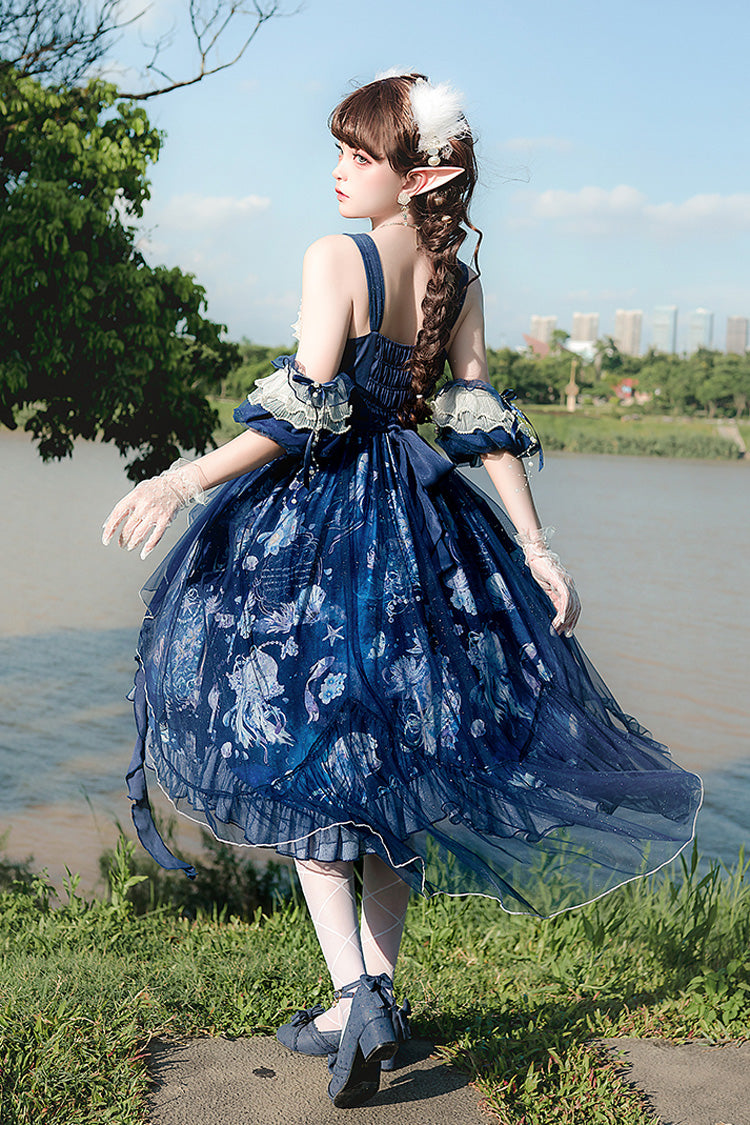 Blue Deep Sea Jellyfish Print Ruffle Lace Sweet Elegant Lolita Jsk Dress