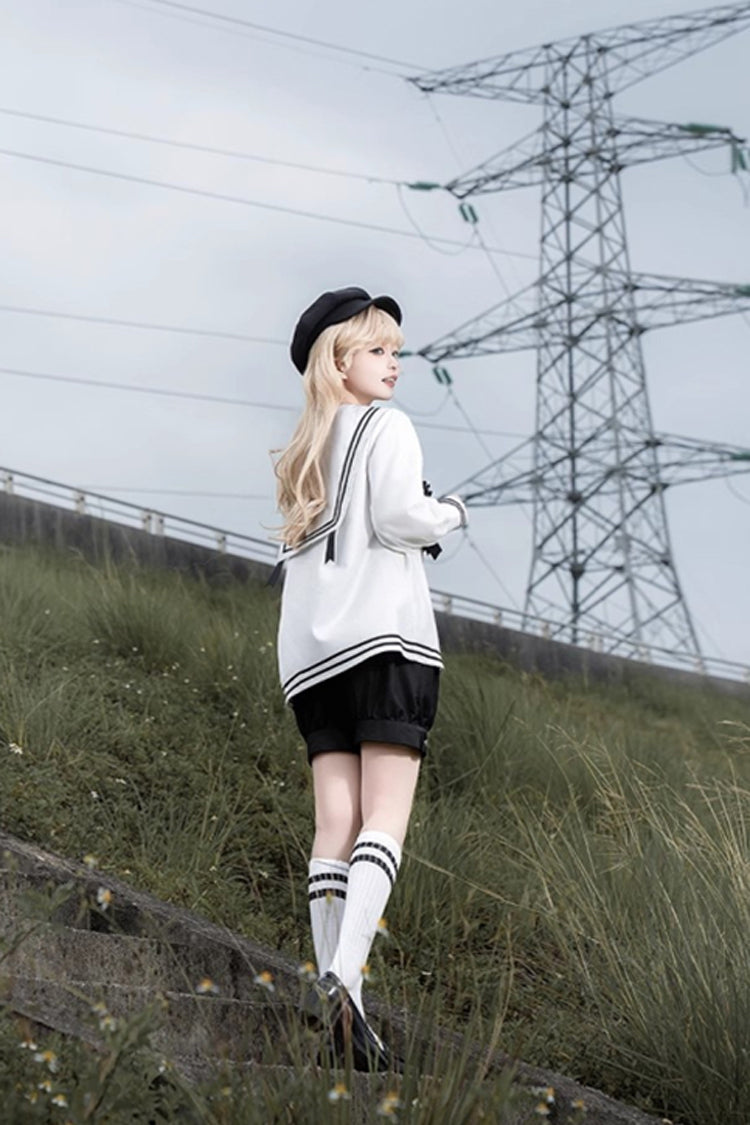 Black/White Old Stories Navy Collar Long Sleeves Bowknot Ouji Gothic Lolita Blouse Shorts Set