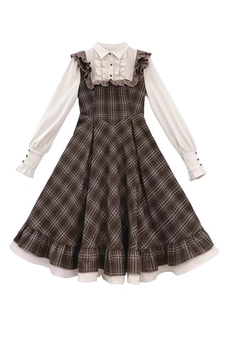 Brown The Thames at Dusk Print Long Sleeves Ruffle Fake Two Pieces Vintage College Style Lolita Dress
