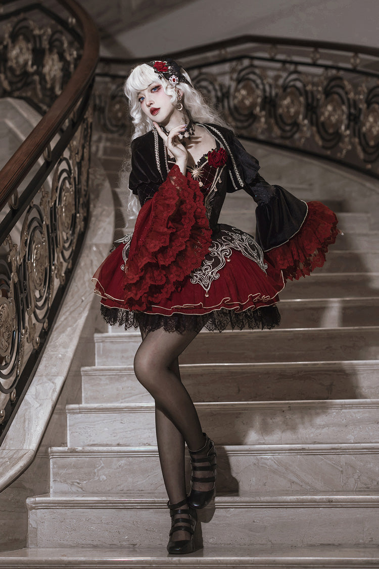 Black/Red Blood Clan Feast Ruffle Embroidery Lace Gothic Lolita Jsk Dress Set