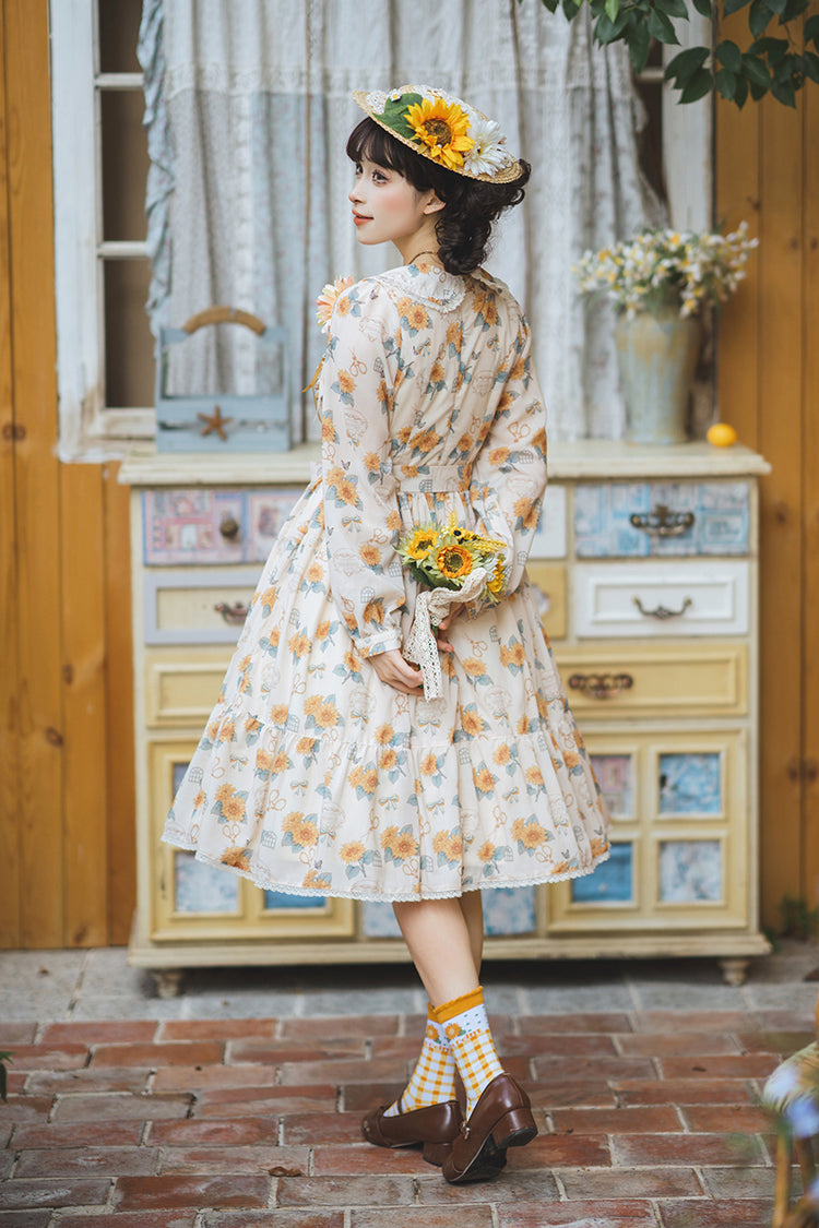 Apricot Gardening Sunflower Long Sleeves Print Ruffle Bowknot Sweet Elegant Lolita Dress