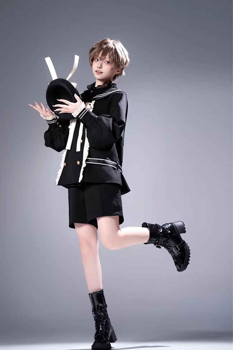 Black City of Mist Navy Collar Long Sleeves Gothic College Style Prince Ouji Lolita Shorts Coat Set