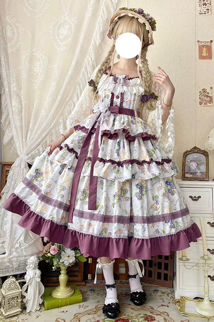 Blueberry Early Summer Sleeveless Triple-Layered Print Ruffle Bowknot Lace Sweet Lolita Jsk Dress 2 Colors