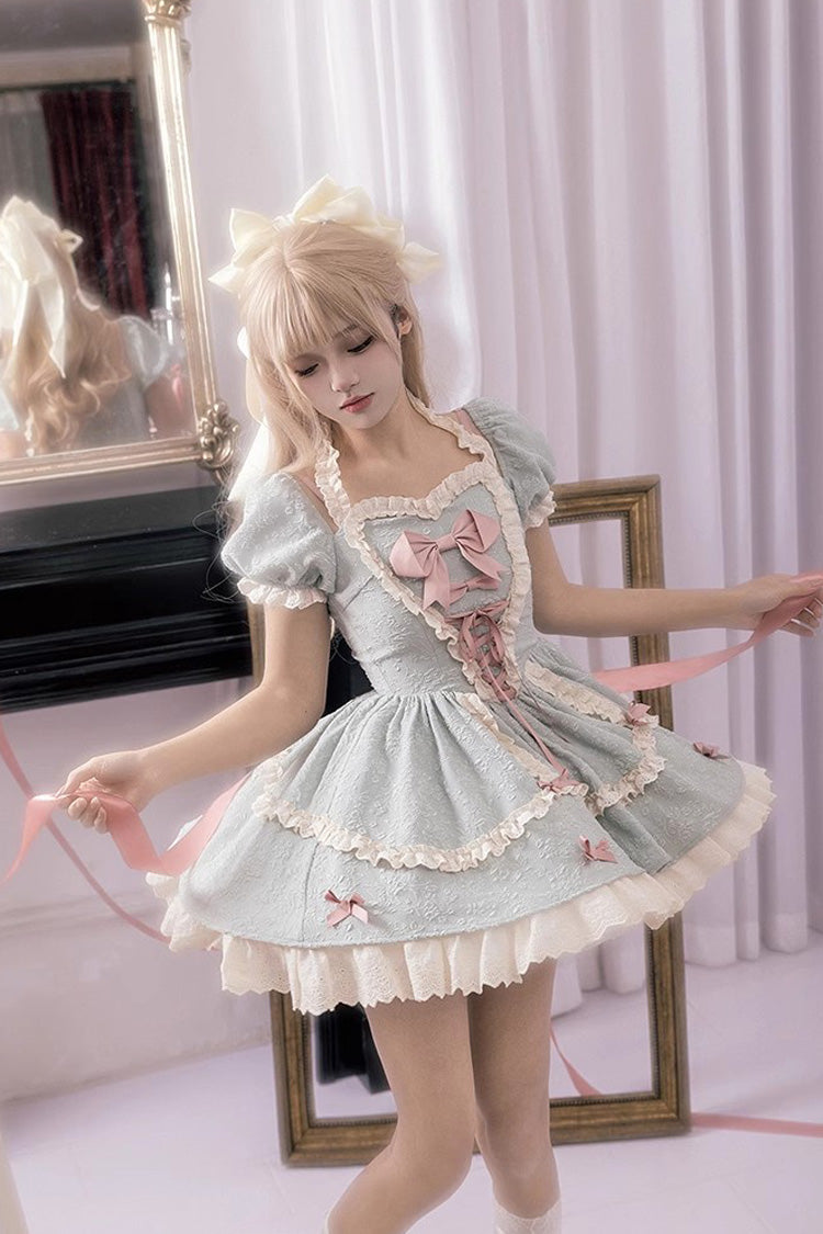 Heart-Beating Love Song Short Sleeves Ruffle Bowknot Lace-Up Sweet Lolita Dress 2 Colors