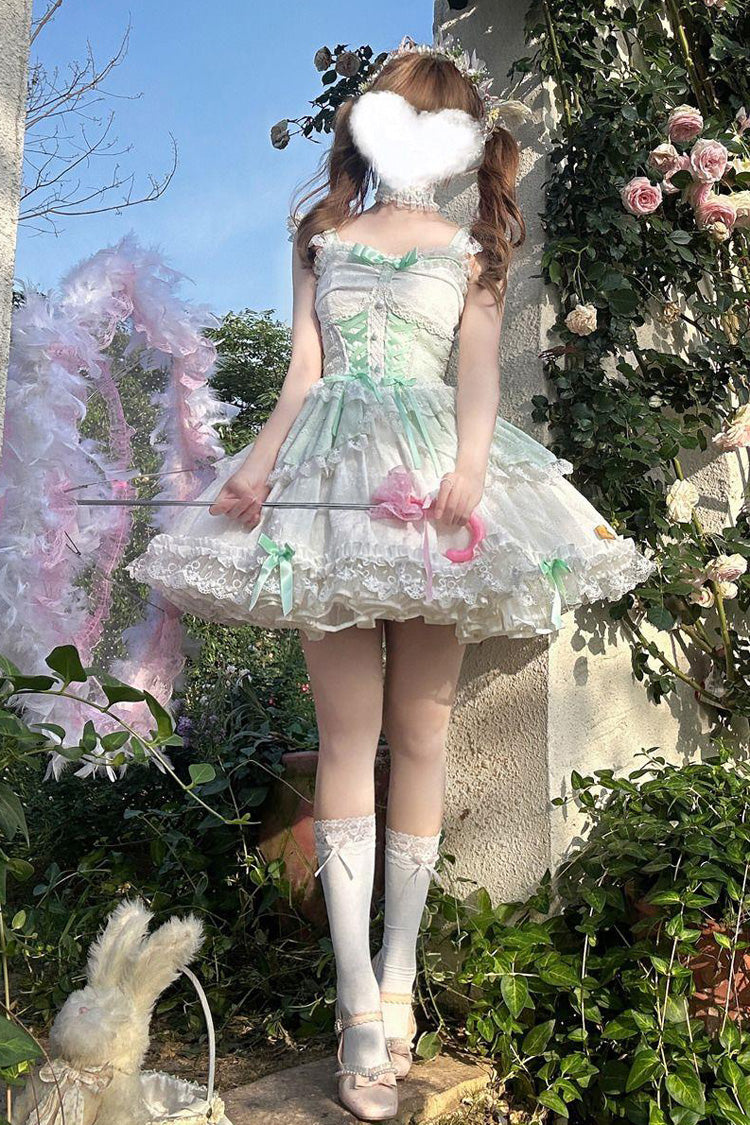 Green Leiffu Sleeveless Ruffle Bowknot Lace Lace-Up Sweet Ballet Lolita Jsk Dress