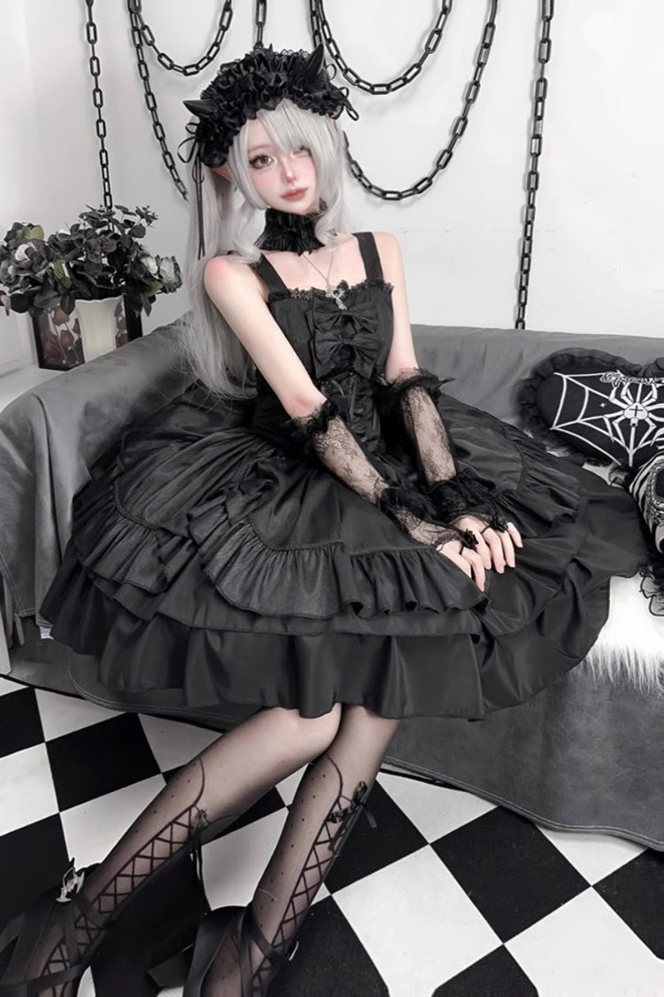Black Butterfly Officer Triple-Layered Ruffle Bowknot Lace-Up Gothic Lolita Skirt Set
