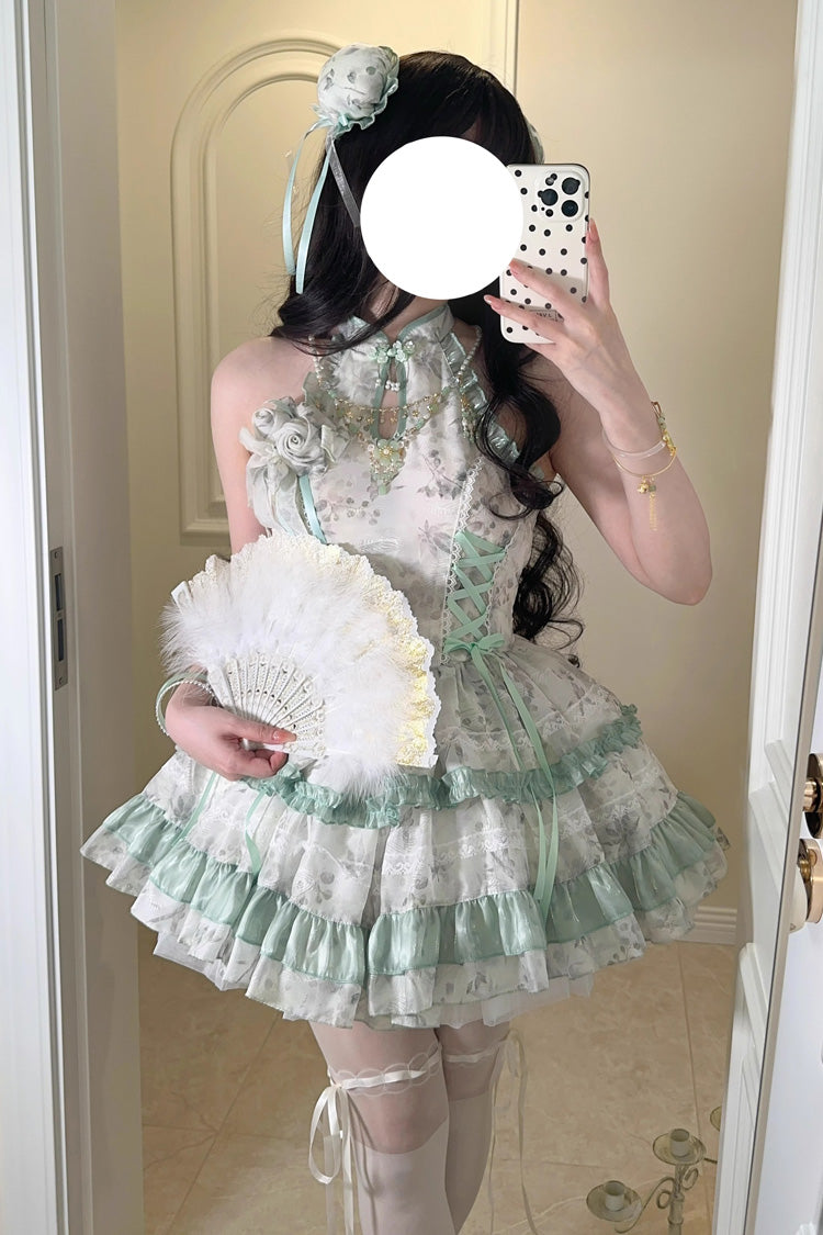 Peach Moon Bamboo Halterneck Multi-layer Print Ruffle Sweet Chinese Style Lolita Dress 2 Colors