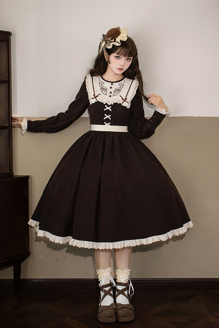 Brown Miss Brown Long Sleeves Ruffle Bouquet Embroidery Sweet Lolita Dress (Long Version)