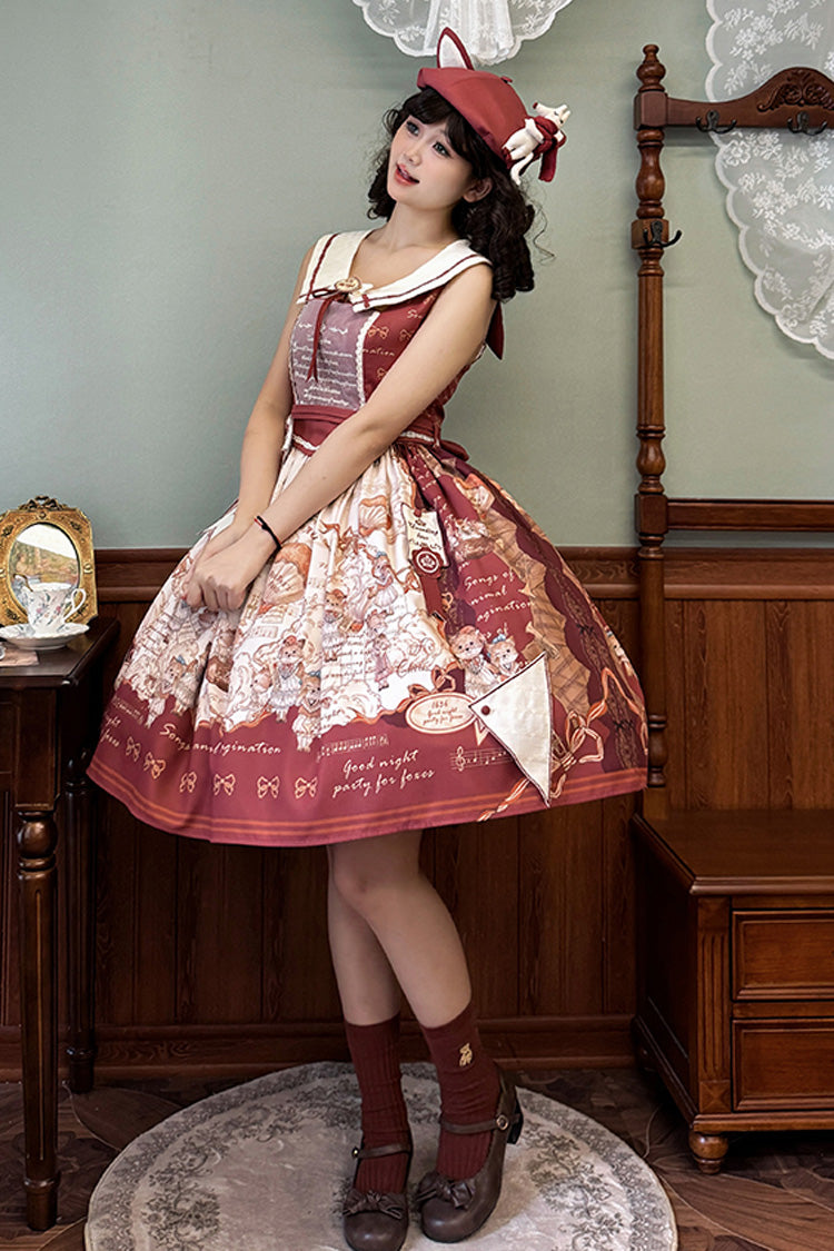 Wine Red Fox Band Print Square Collar Bowknot Classic Lolita Jumper Dress