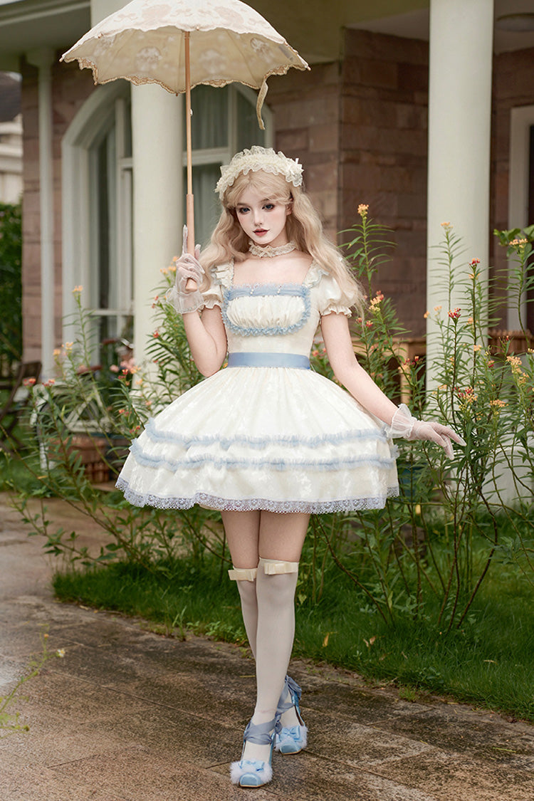 Ivory Sea Salt Iced Tea Square Collar Short Sleeves Ruffle Fishbone Sweet Lolita Short Dress