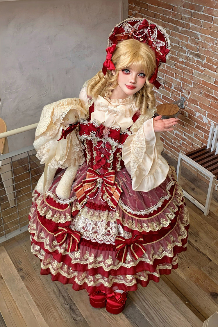 Red Crown of Gems Triple-Layered Ruffle Bowknot Lace Sweet Gorgeous Lolita Jsk Dress