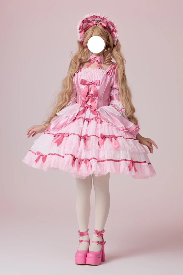 Pink Velvet Cake Long Trumpet Sleeves Multi-Layered Ruffle Bowknot Lace Sweet Lolita Dress