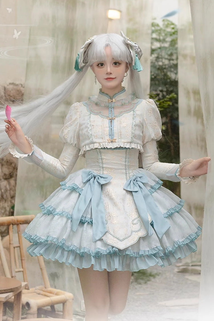 Light Green Multi-layer Ruffle Embroidery Bowknot Chinese Style Sweet Lolita Jsk Dress