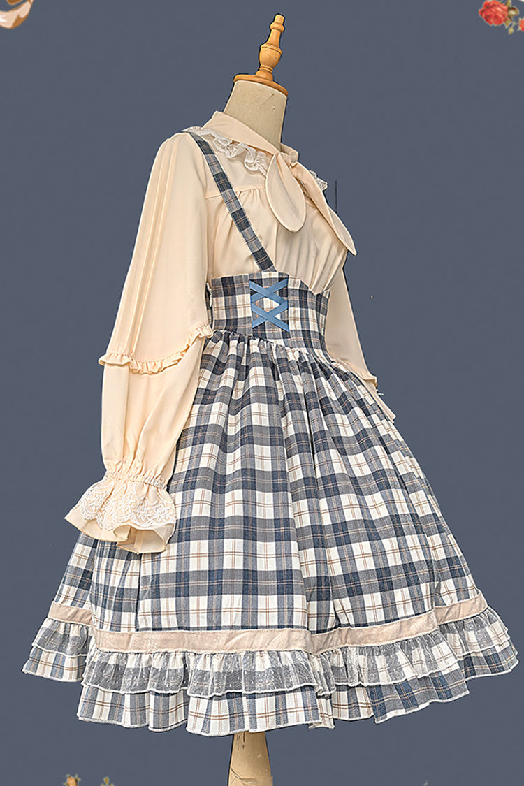 Grey/Blue Morning Tune Sleeveless High Waisted Print Ruffle Asymmetric Sweet Lolita Strap Dress