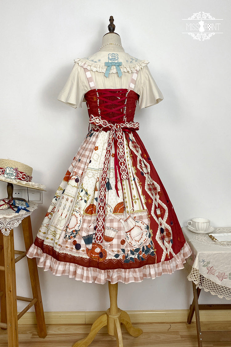 Red Tea Party Print Ruffle Bowknot Lace Sweet Elegant Lolita Jsk Dress
