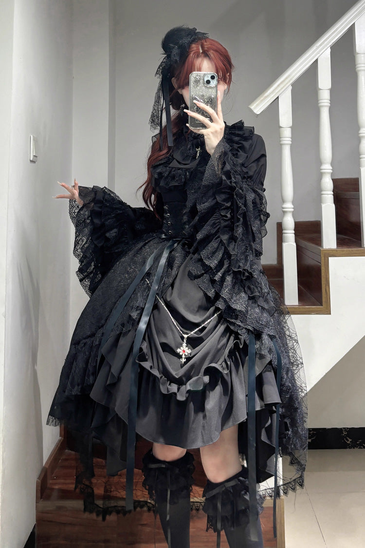 Black Eternal Taboo Long Hime Sleeves Ruffled Bow Gothic Lolita Skirt Dress Set