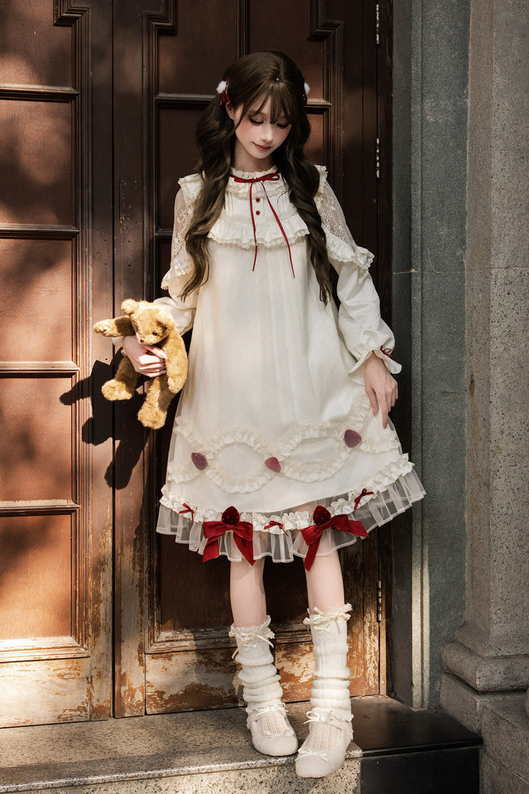 Ivory Strawberry Cream Cake Stand Collar Long Sleeves Ruffled Bow Lace Sweet Lolita Dress
