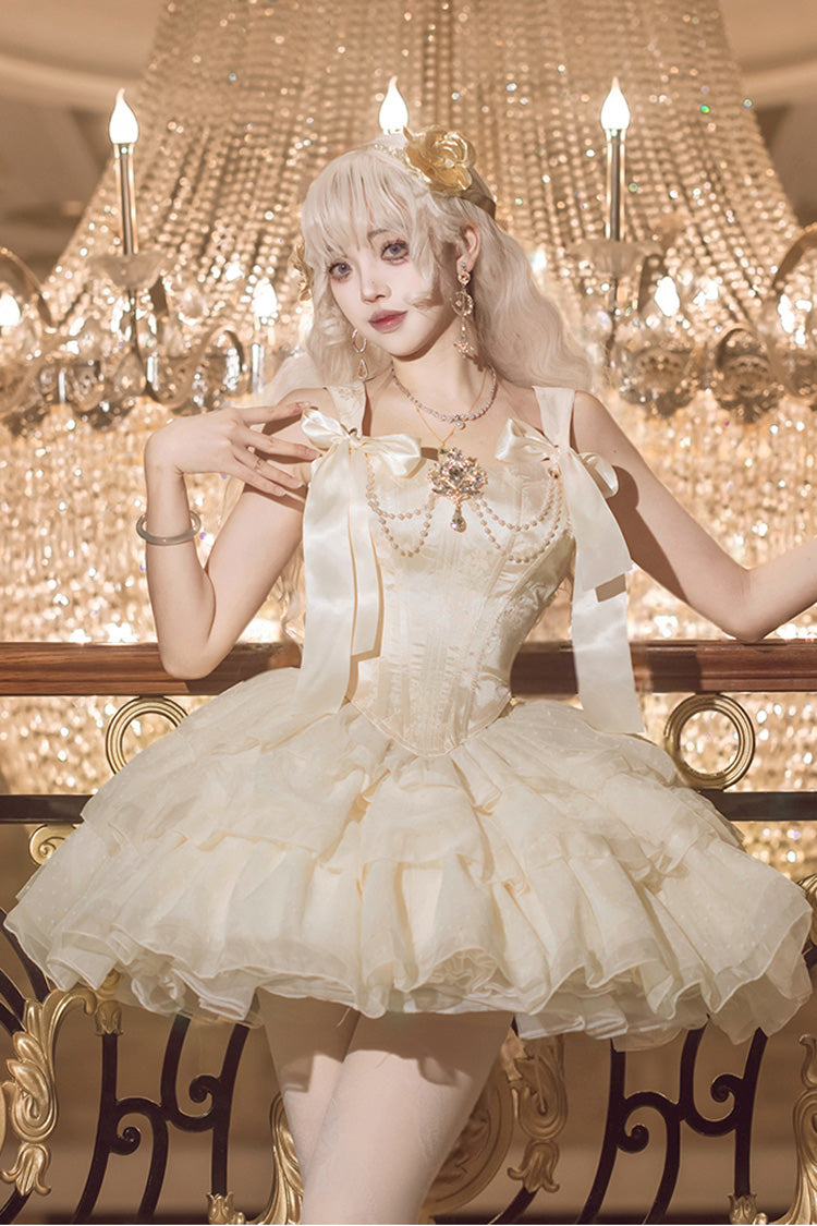 Champagne Cream Polka Dots Sleeveless Jacquard Bowknot Slim Sweet Ballet Lolita Skirt Dress