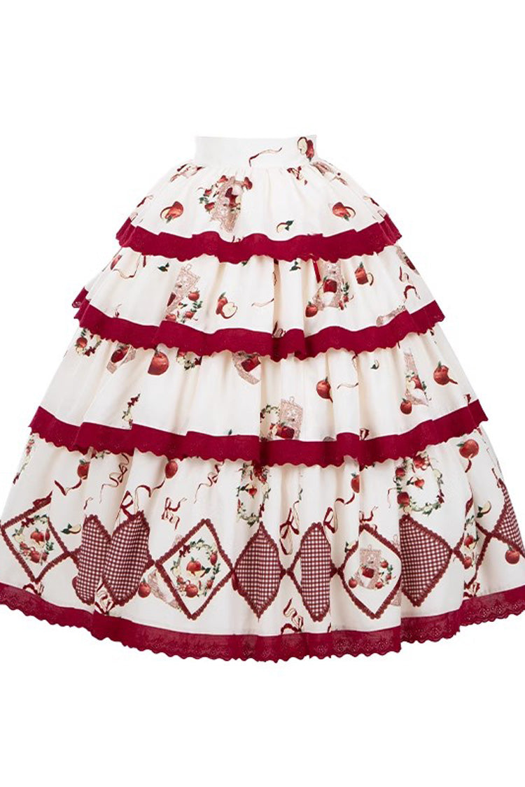 Red/Beige Triple-Layered Apple Orchard Print Ruffle Embroidery Sweet Lolita Long Skirt