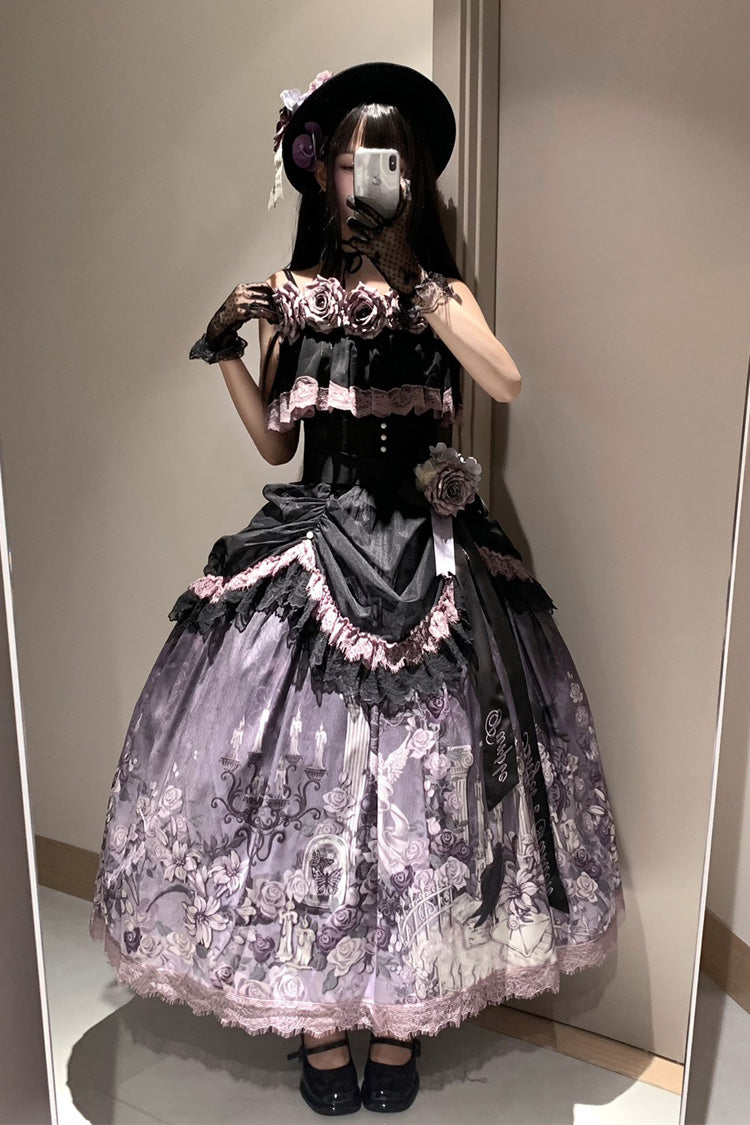 Black/Purple Angel Garden Sleeveless Print Ruffle Bowknot Lace Sweet Gothic Lolita Skirt Set