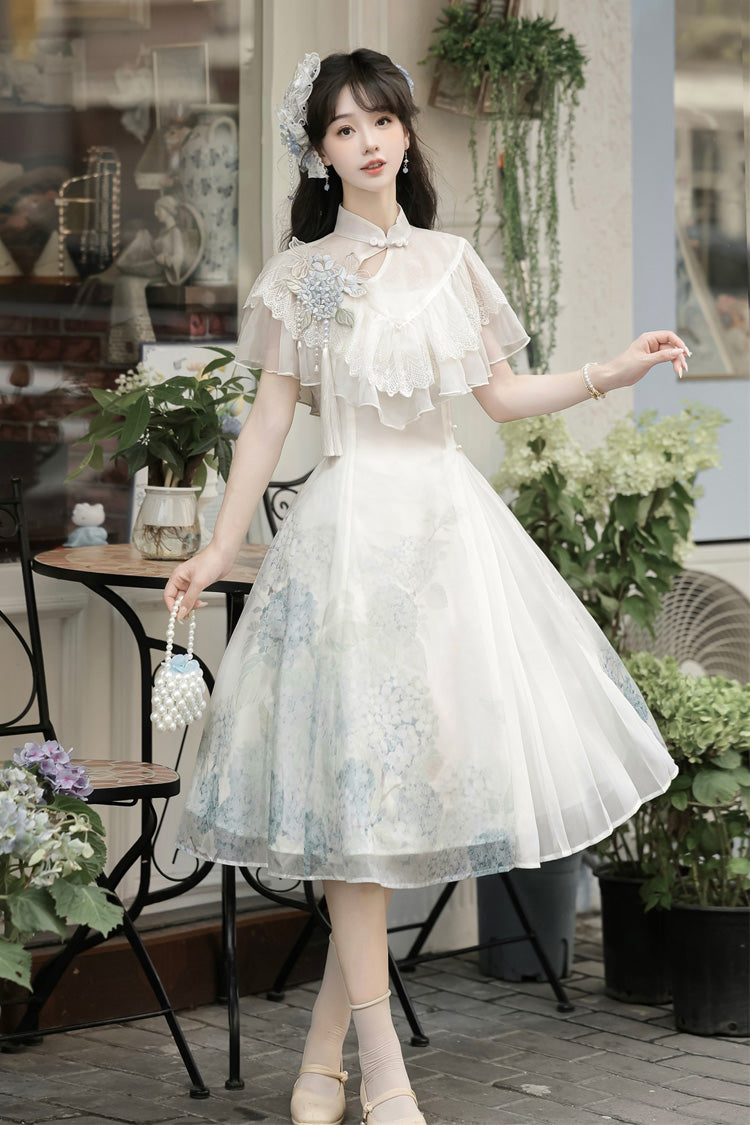 White Hydrangea Message Short Sleeves Print Ruffle Lace Sweet Chinese Style Elegant Lolita Short Dress