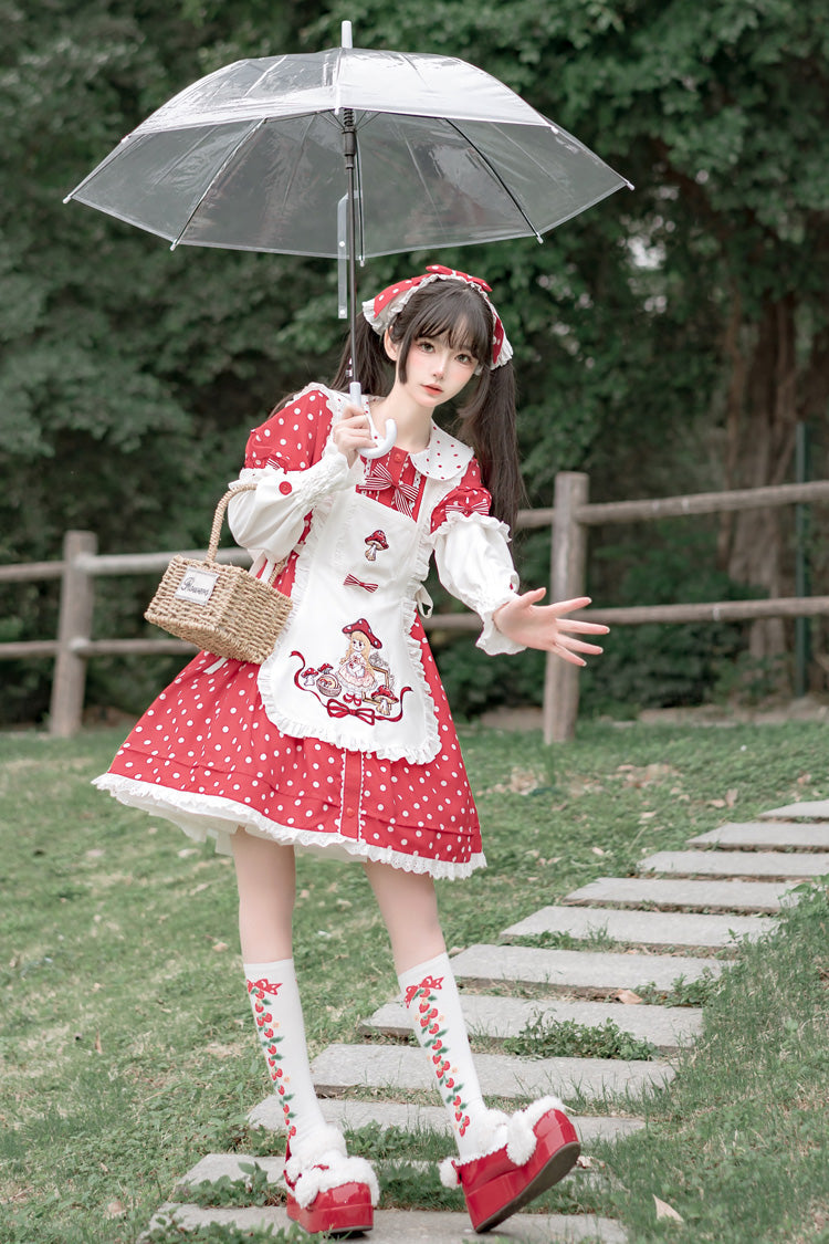 Red/White Doll Collar Short Sleeves Mushroom Princess Print Polka Dots Ruffle Sweet Lolita Dress