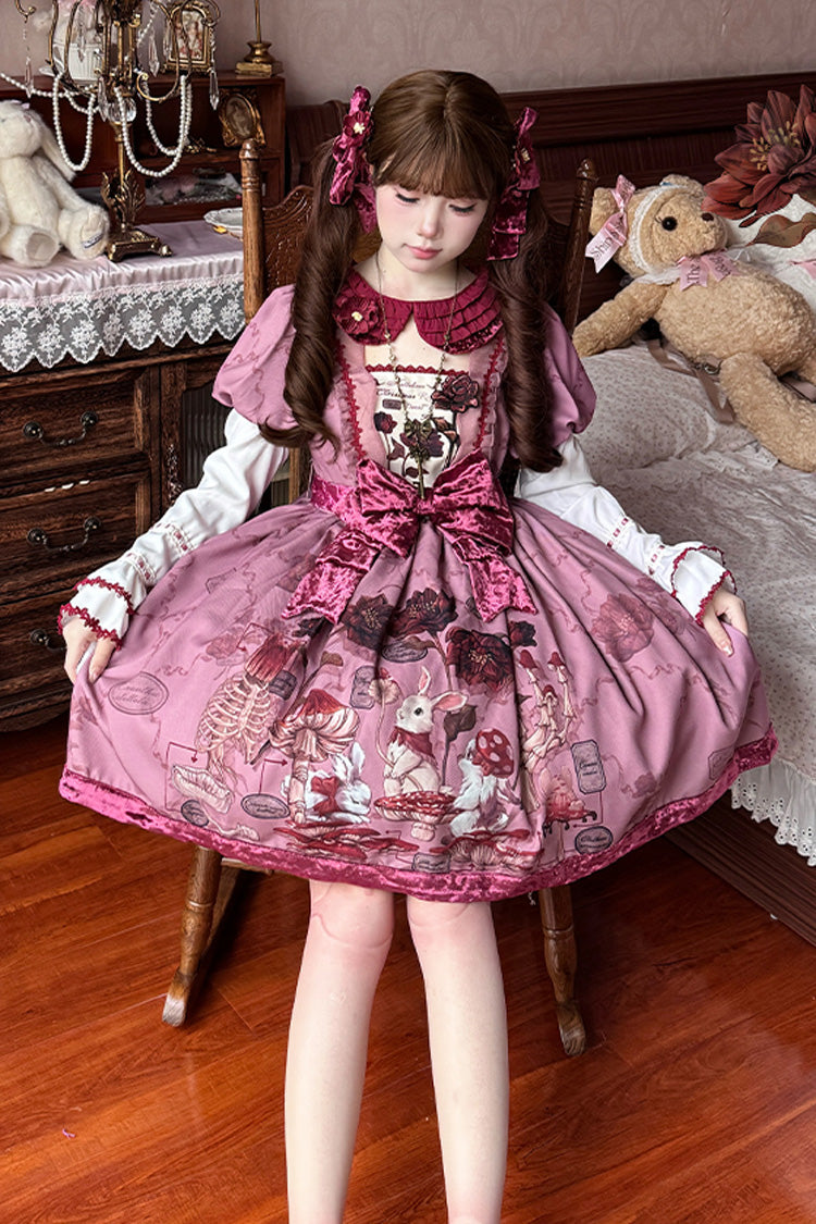 Red Short Sleeves Rabbit Sunflower Print Ruffle Embroidery Bowknot Sweet Lolita Dress