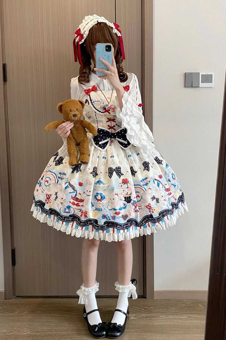 Beige Mystery Rabbit Tea Party Sleeveless Print Ruffle Bowknot Lace Sweet Lolita Jsk Dress