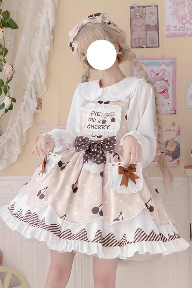 Multi-Color Cherry Milk Pie Print Ruffle Bowknot Stitching Sweet Lolita Jsk Dress