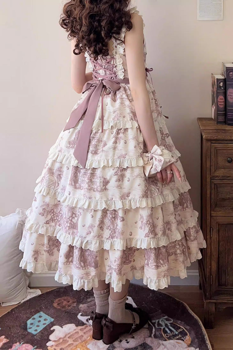Smoky Purple Grape Moon Almanac Sleeveless Multi-Layered Printed Ruffled Bow Adjustable-Length Sweet Lolita Jsk Dress