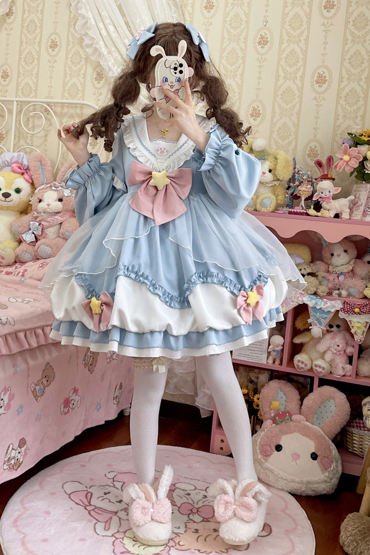 Pray Star Long Sleeves Double-Layered Ruffle Bowknot Stitching Lace Sweet Lolita Dress 5 Colors