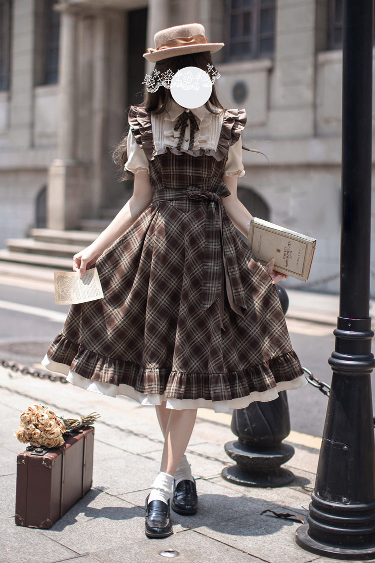 Brown The Thames at Dusk Print Short Sleeves Ruffle Bowknot Fake Two Pieces Vintage Lolita Dress