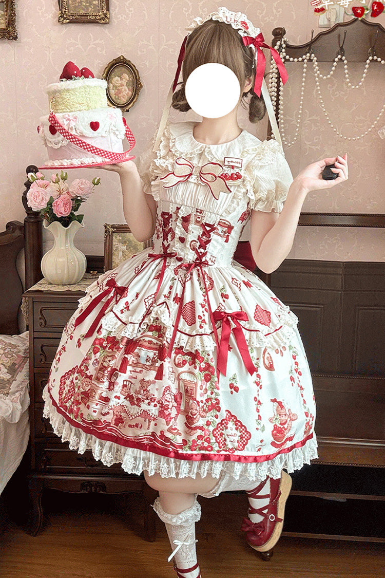 Ivory/Red Strawberry Bear Sleeveless Print Ruffle Embroidery Bowknot Lace Sweet Lolita Jsk Dress