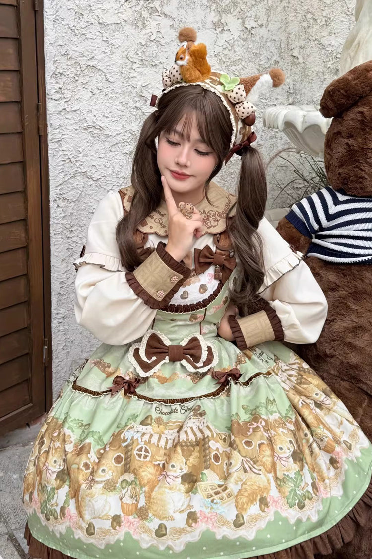 Green Squirrel Chocolate Shop Sleeveless Printed Ruffled Bow Sweet Lolita JSK Dress with Blouse