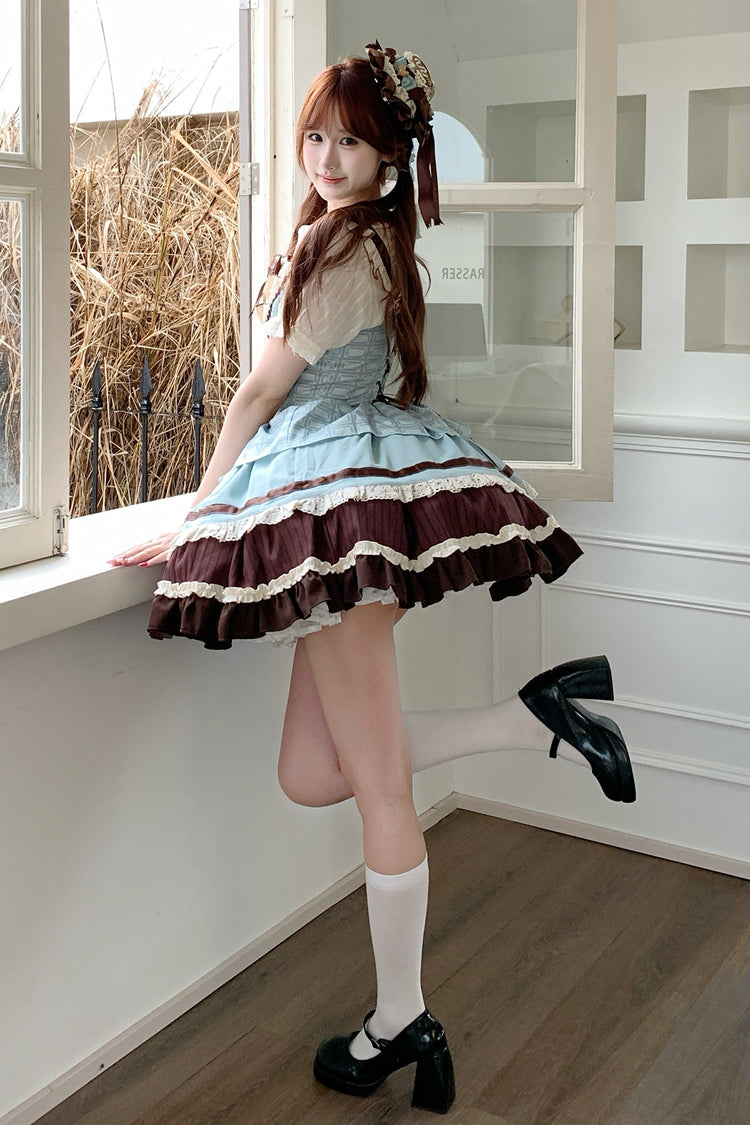 Green/Brown Mint Chocolate Sleeveless Triple-Layered Ruffle Bowknot Sweet Lolita Jsk Dress