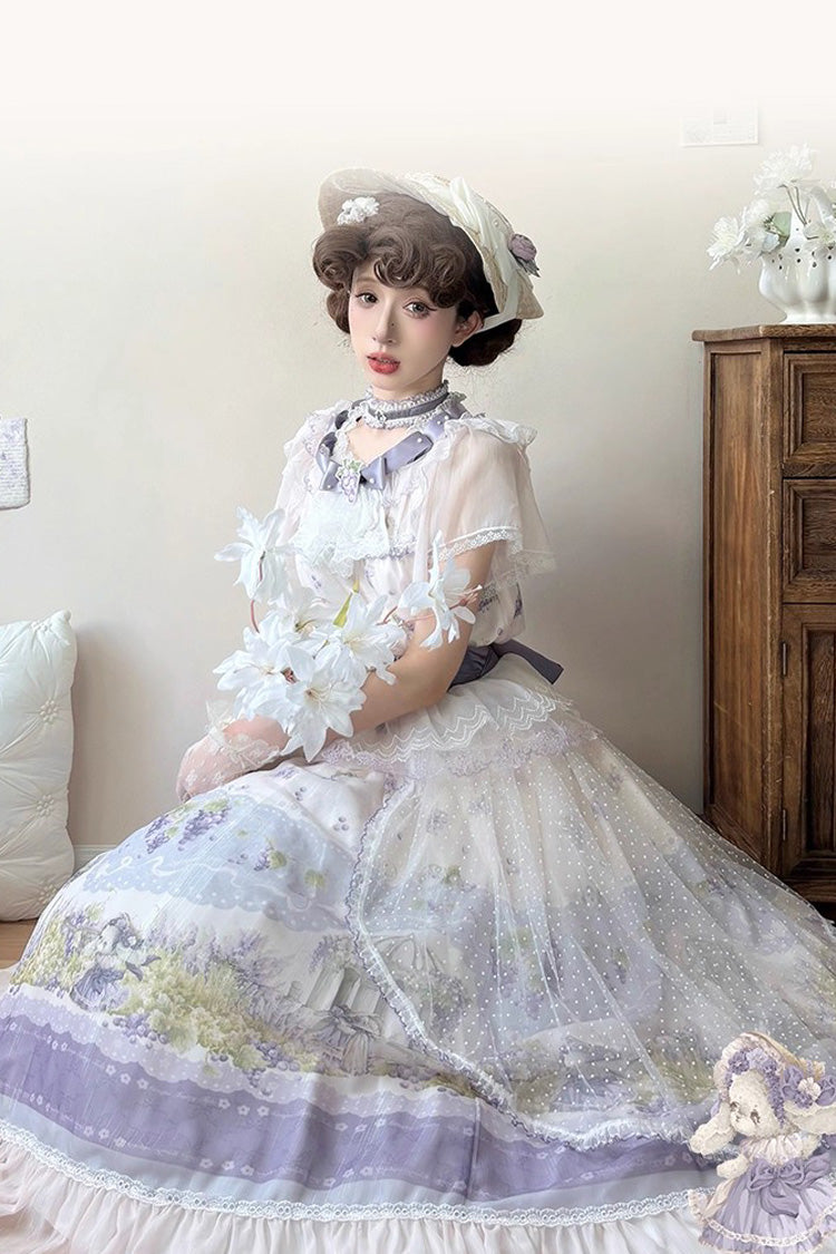White/Purple Rabbit Vine Story Grape Print Short Sleeves Bowknot Lace Elegant Sweet Lolita Skirt Set