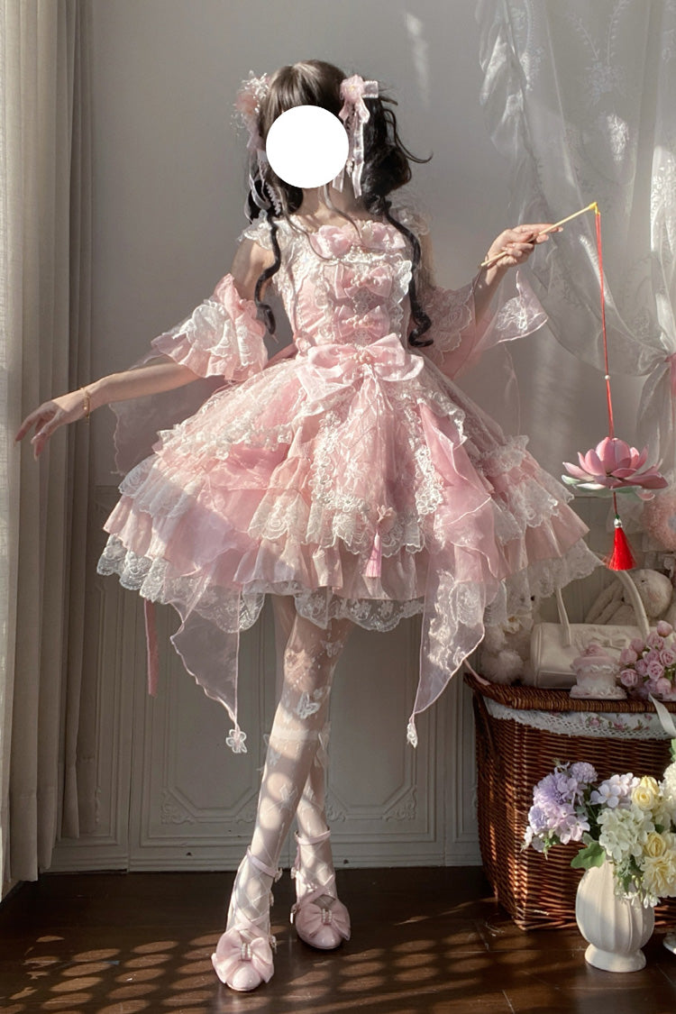 Pink Spring Waters Reflecting Pear Blossoms Ruffled Embroidered Open-Front Bow Lace Sweet Lolita Jsk Dress