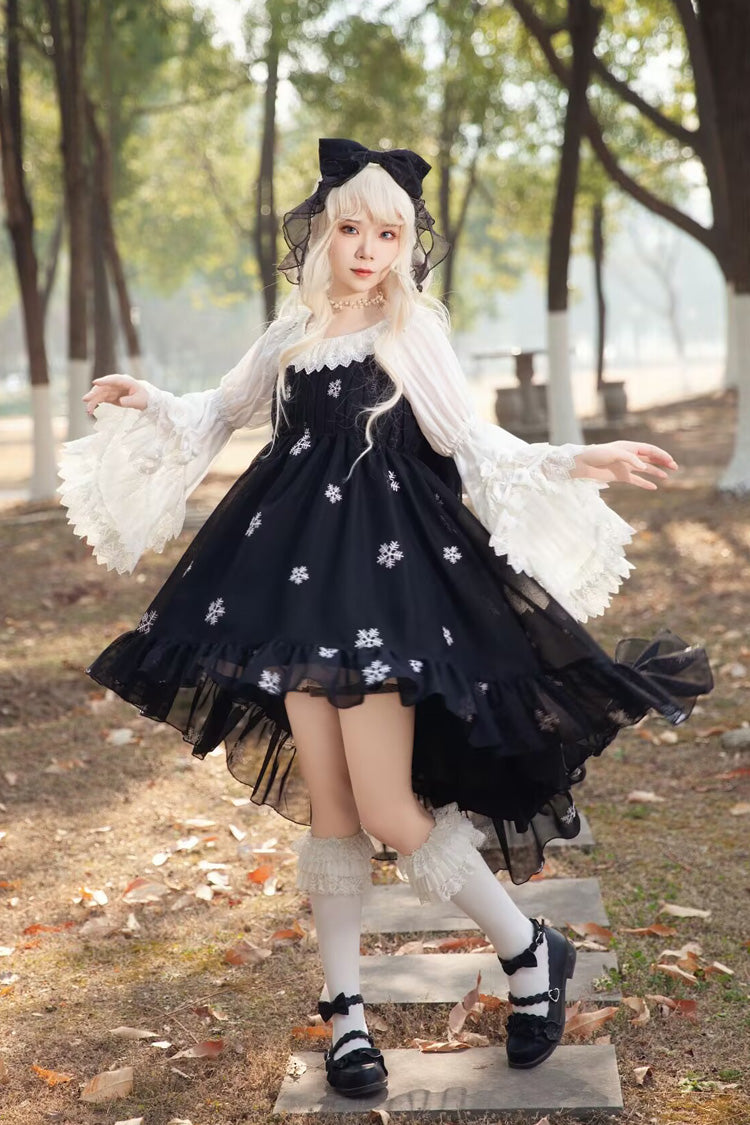 Feather Snowflake Embroidery Print Sleeveless Ruffle Bowknot Sweet Lolita Jsk Dress 3 Colors