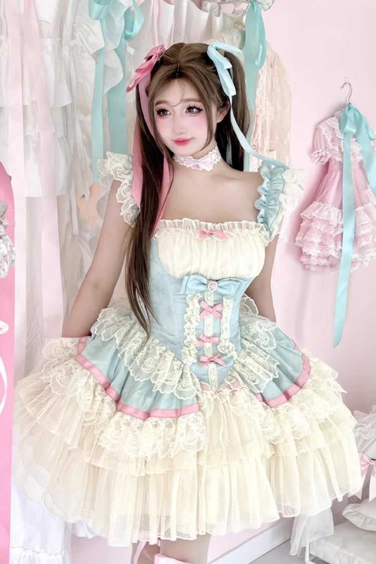 Blue/White Girly Scent Triple-Layered Ruffle Bowknot Lace Sweet Ballet Lolita Dress