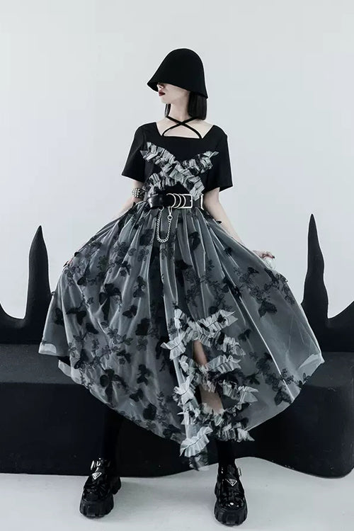 French Square Collar Short Sleeves Irregular Hem Long Gothic Lolita Dress