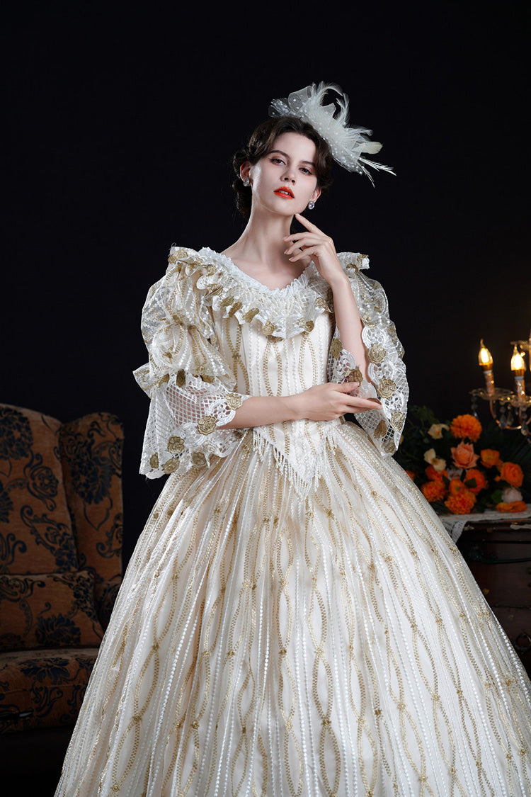 Champagne Long Puff Sleeves Ruffled Cut-Out Mesh Classic Vintage Palace Lolita Victorian Dress