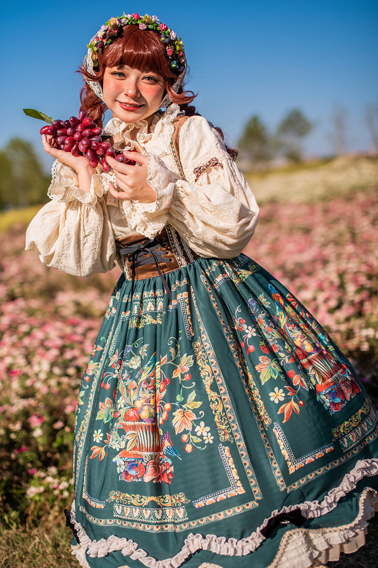 Green Ode to Plenty Berries and Birds Print Ruffle Bowknot Velvet Classic Lolita Breast Support Jsk Dress
