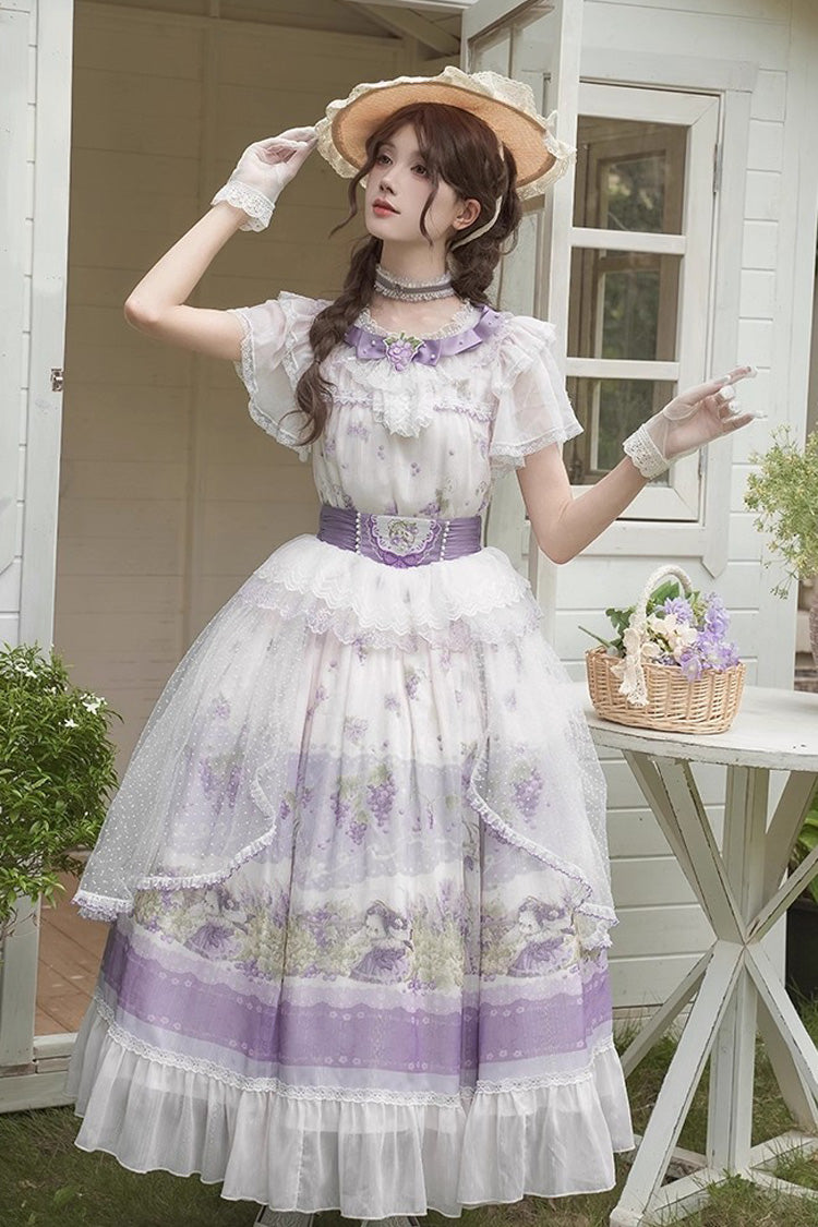 White/Purple Rabbit Vine Story Grape Print Short Sleeves Bowknot Lace Elegant Sweet Lolita Skirt Set